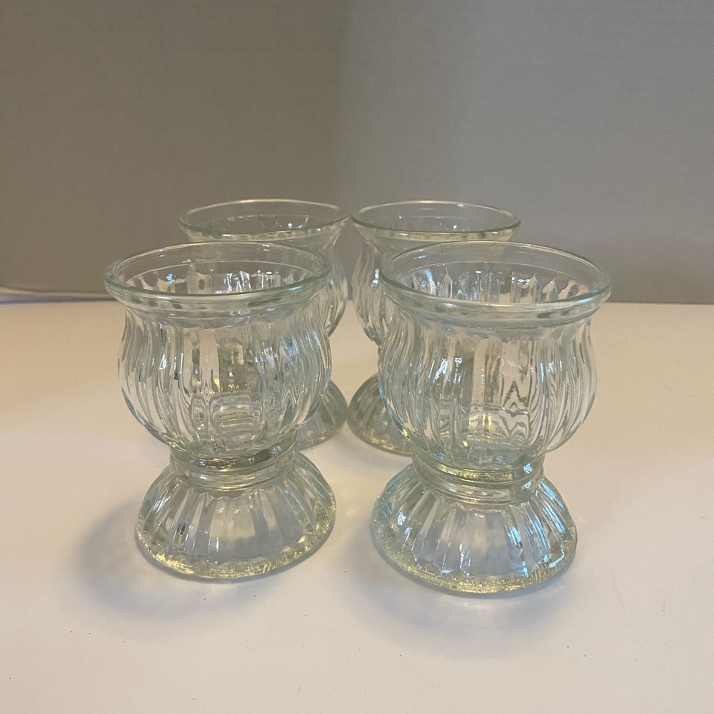 RARE ANTIQUE Clear Glass 4 IceCream Cups DEEP RIDGES FOOTED 1” OPEN BASE SEAMS
